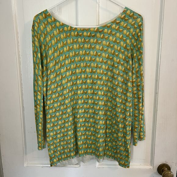 Talbots Women's Green Pear Print Button-Back 3/4 Sleeve Sweater L Preppy Classic - Picture 1 of 9